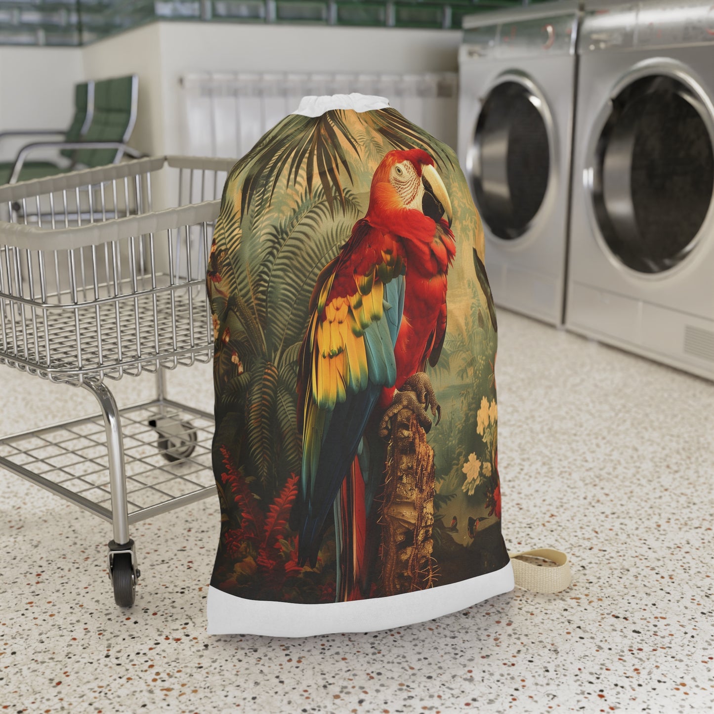 Colorful Parrot print laundry bag for storing and transporting clothing with a tropical vibe.