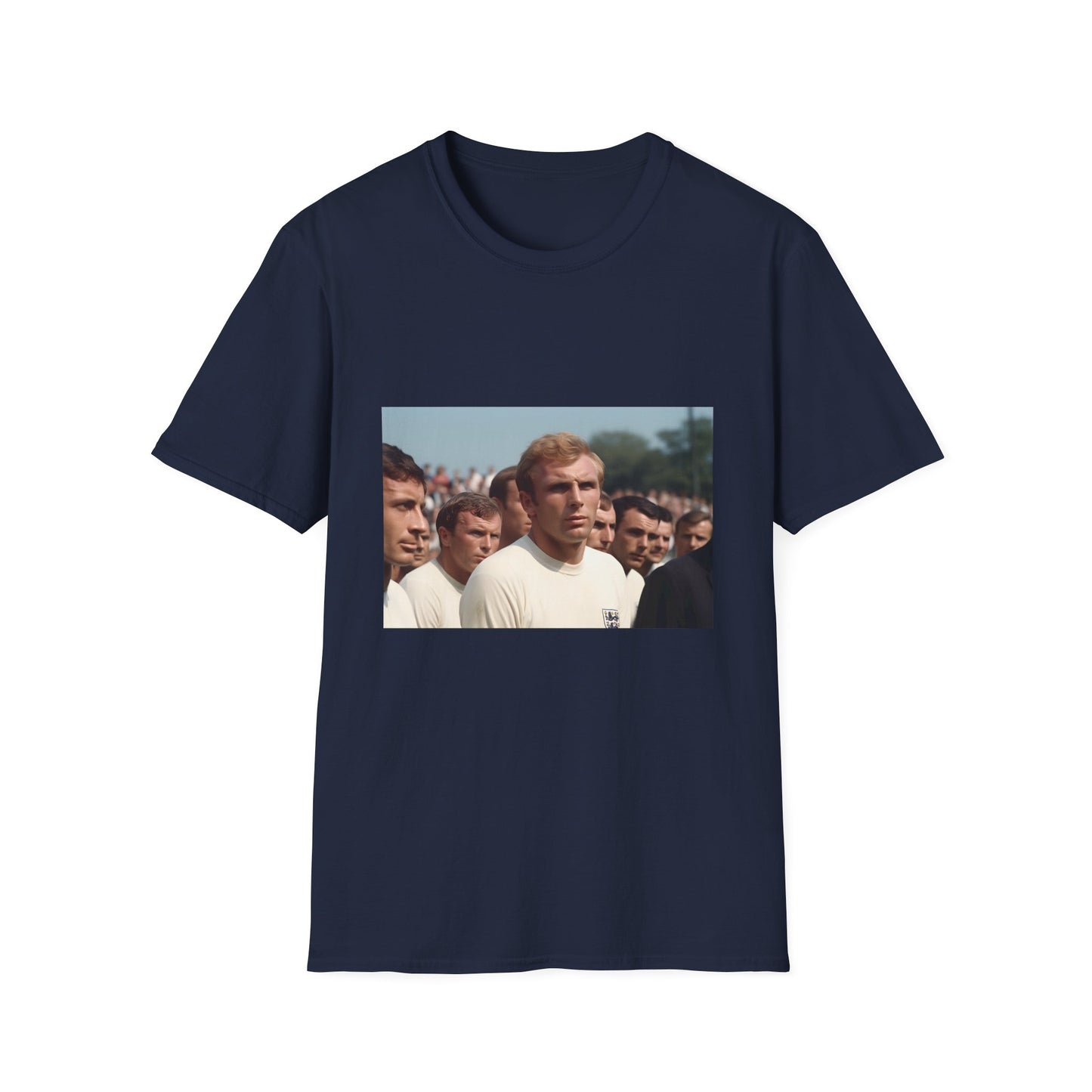 "Vintage-inspired football T-shirt featuring 'A Captain's Legacy: The Spirit of '66' design honoring Bobby Moore and England's victory in the 1966 World Cup, capturing the essence of sporting triumph and national pride"