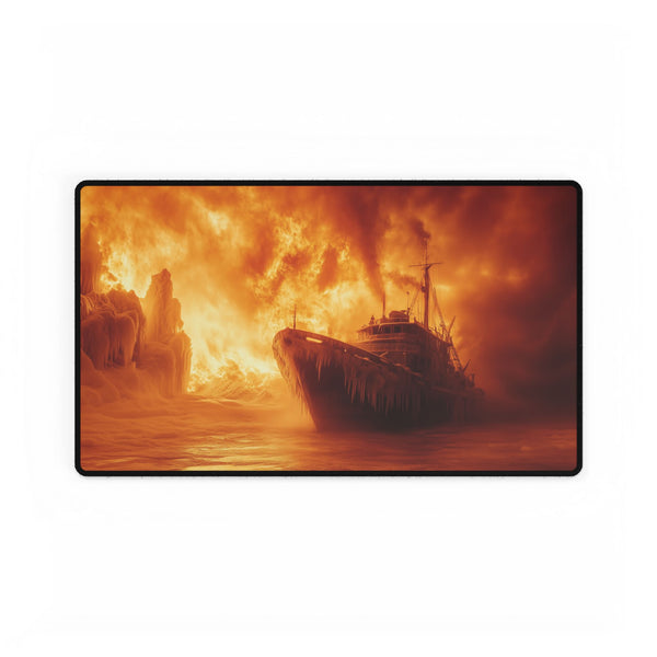 Frozen Ship Adrift in Firestorm — XL & XXL Desk Mat — Gaming & Workspace Desk Setup View