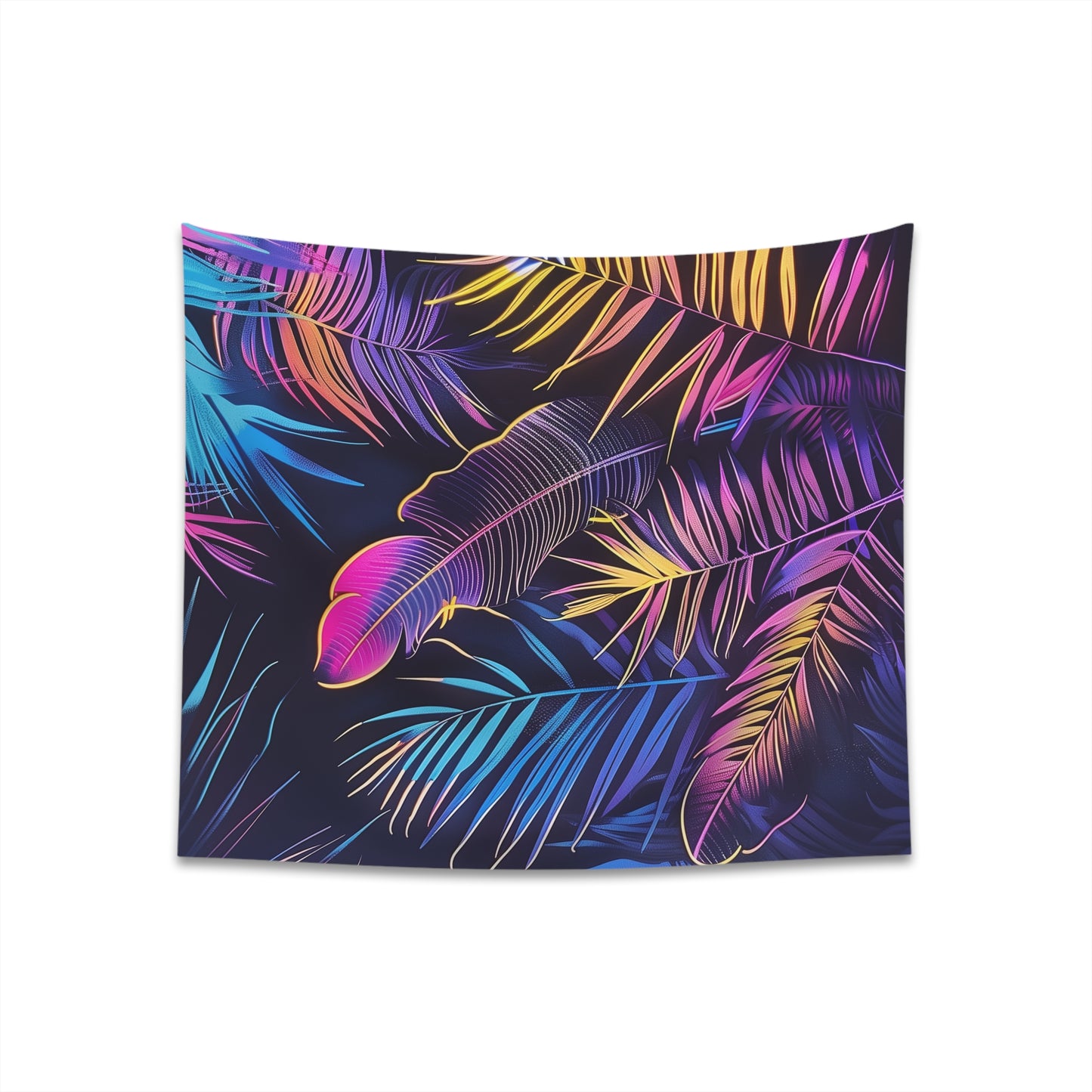 "Electric Paradise Neon Tropical Tapestry - Vibrant palm trees and exotic leaves with a neon glow, perfect for any room. High-quality and stylish. Available in 34" x 40" or 57" x 57"."