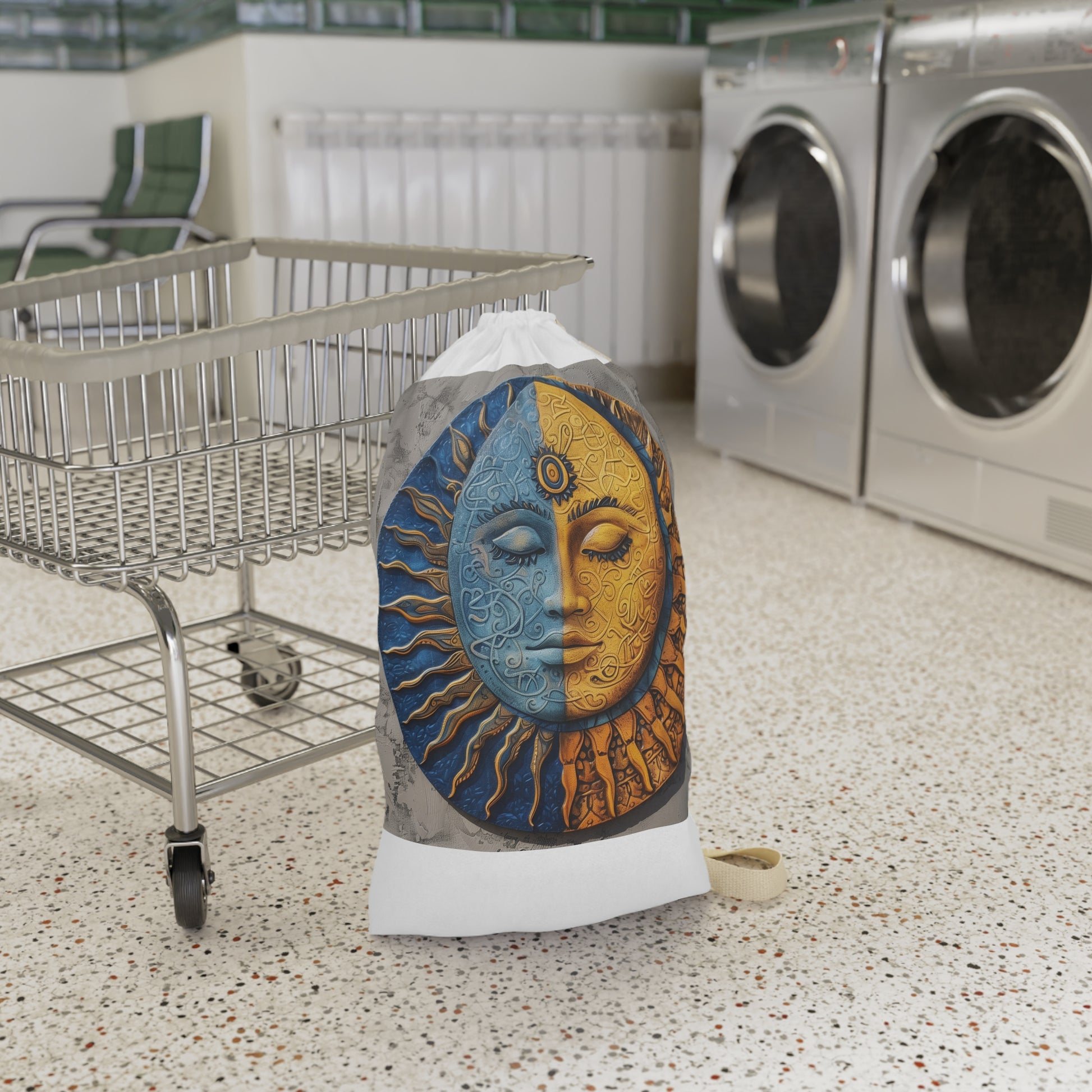 Boho Mandala Sun & Moon Laundry Bag: Vibrant celestial design for elevated laundry routine