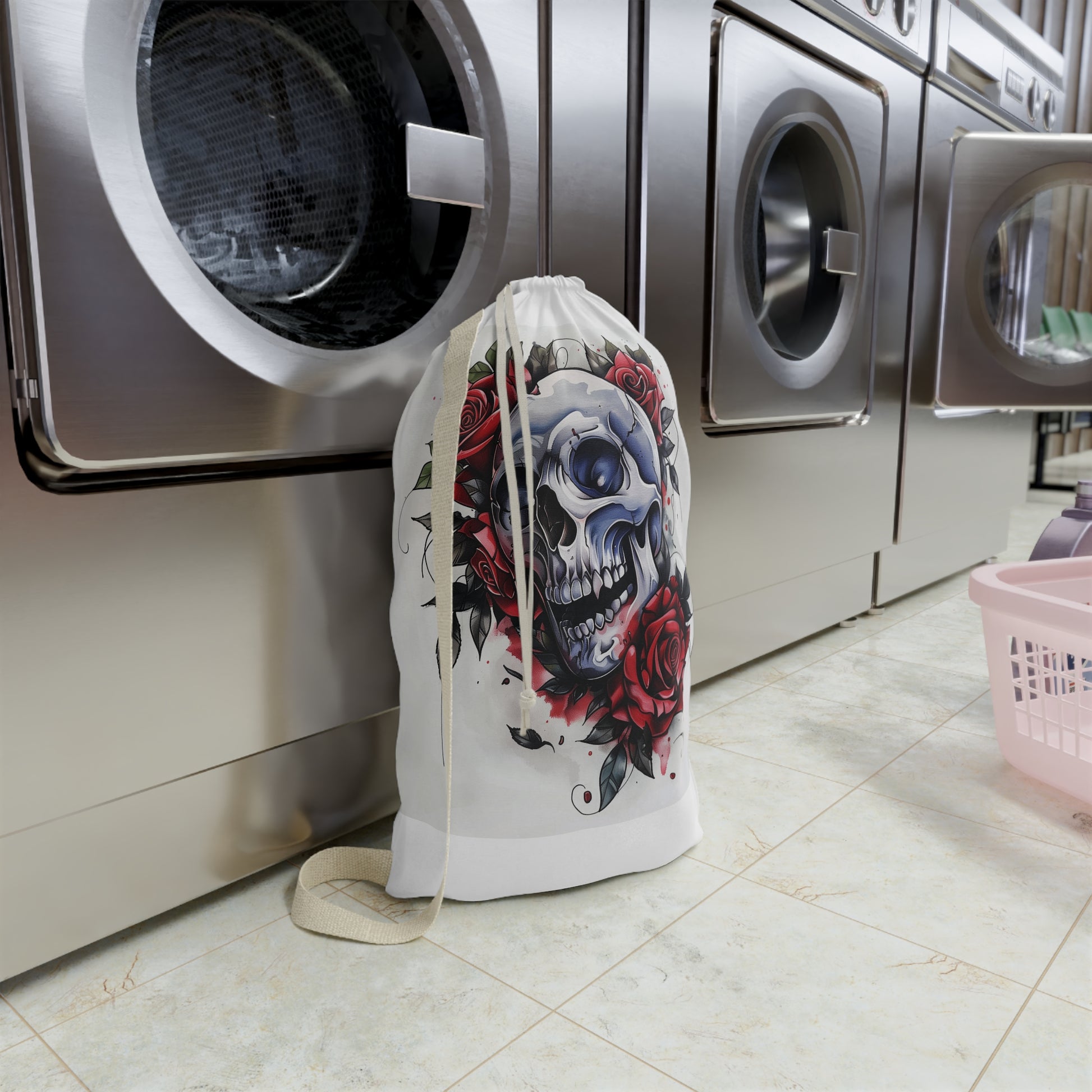 Skull and Rose Laundry Bag - Gothic laundry accessory for a dark and stylish home