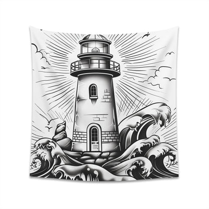 Coastal Serenity Lighthouse Tapestry: Hand-drawn design of a lighthouse by the coast, perfect for all seasons.