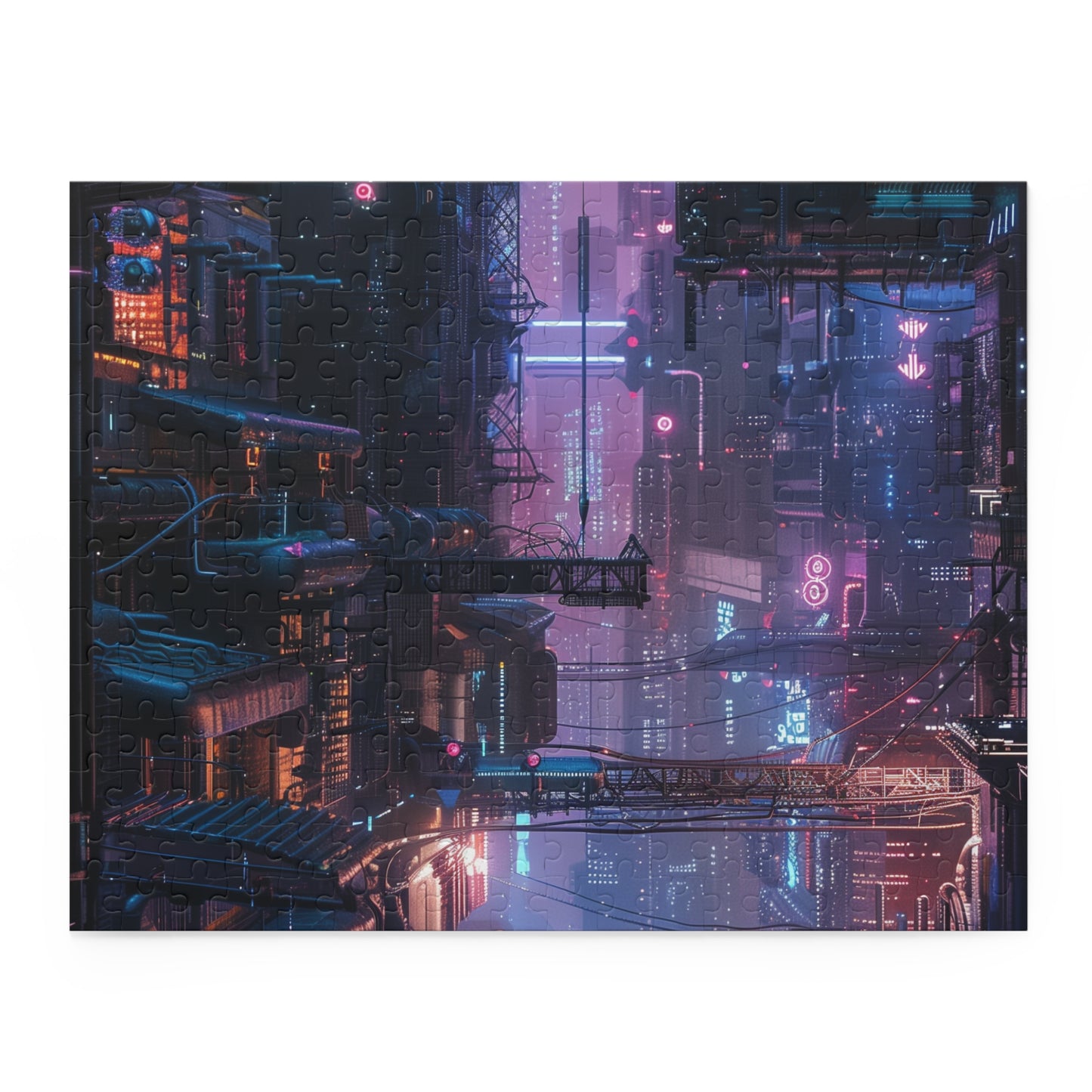 Neon Cityscape Cyberpunk Jigsaw Puzzle - Intricate design with vibrant colors, perfect challenge for all ages