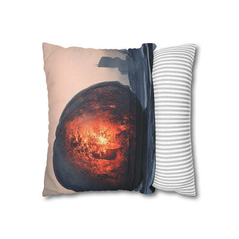 Lava Sphere Orbiting Frozen City (Edition II) — 40×40 Cushion Cover — Soft Brushed Fabric Texture Close-Up