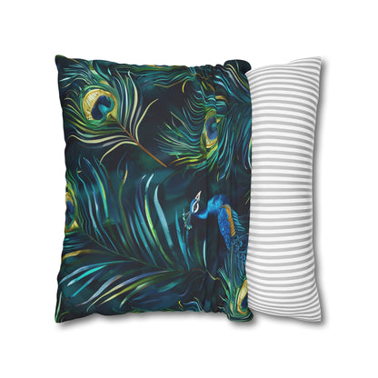 "Vibrant blue peacock feather pillowcase for luxurious bedroom oasis"