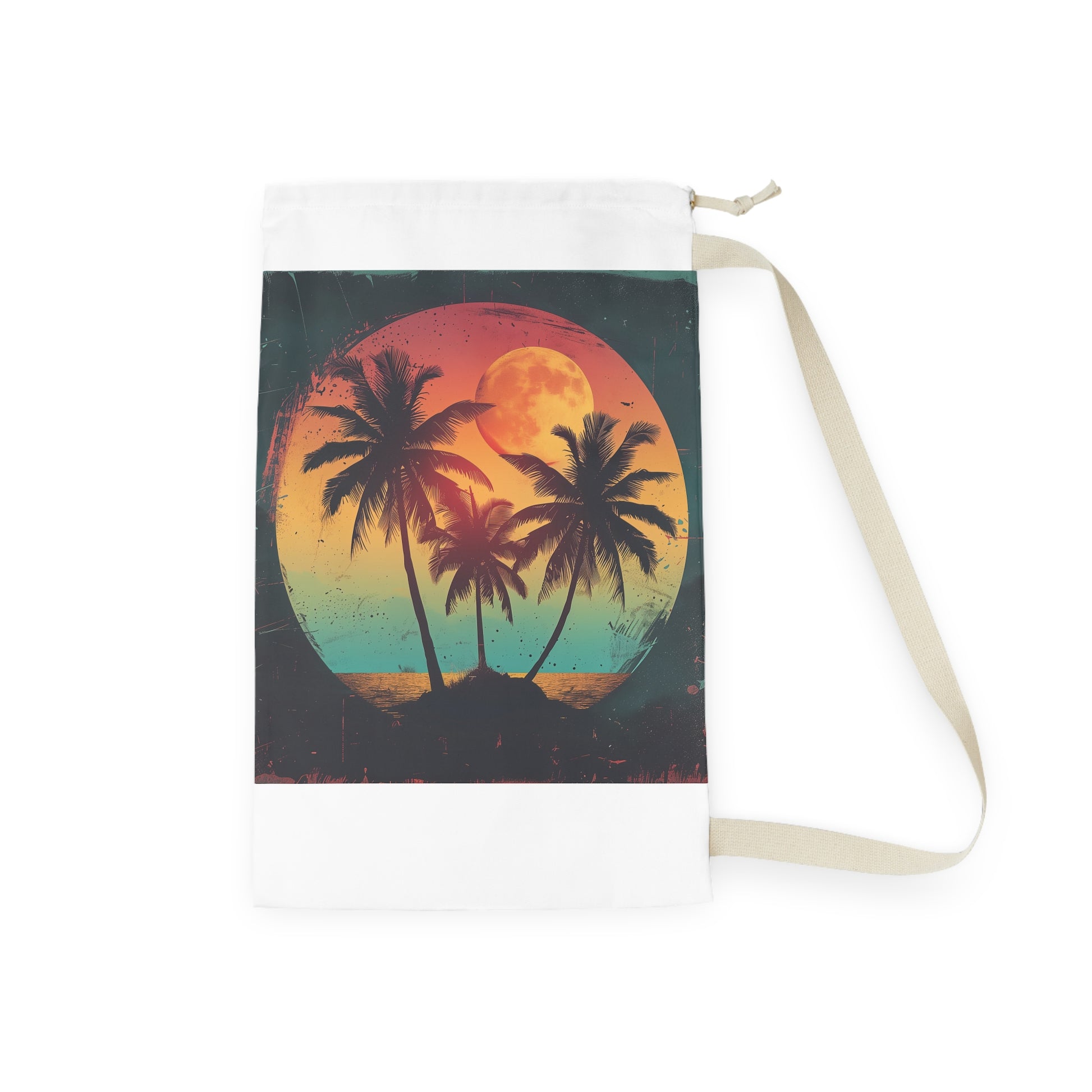 "Retro Palm Tree Sunset Laundry Bag - Organize dirty clothes with vintage tropical vibes"