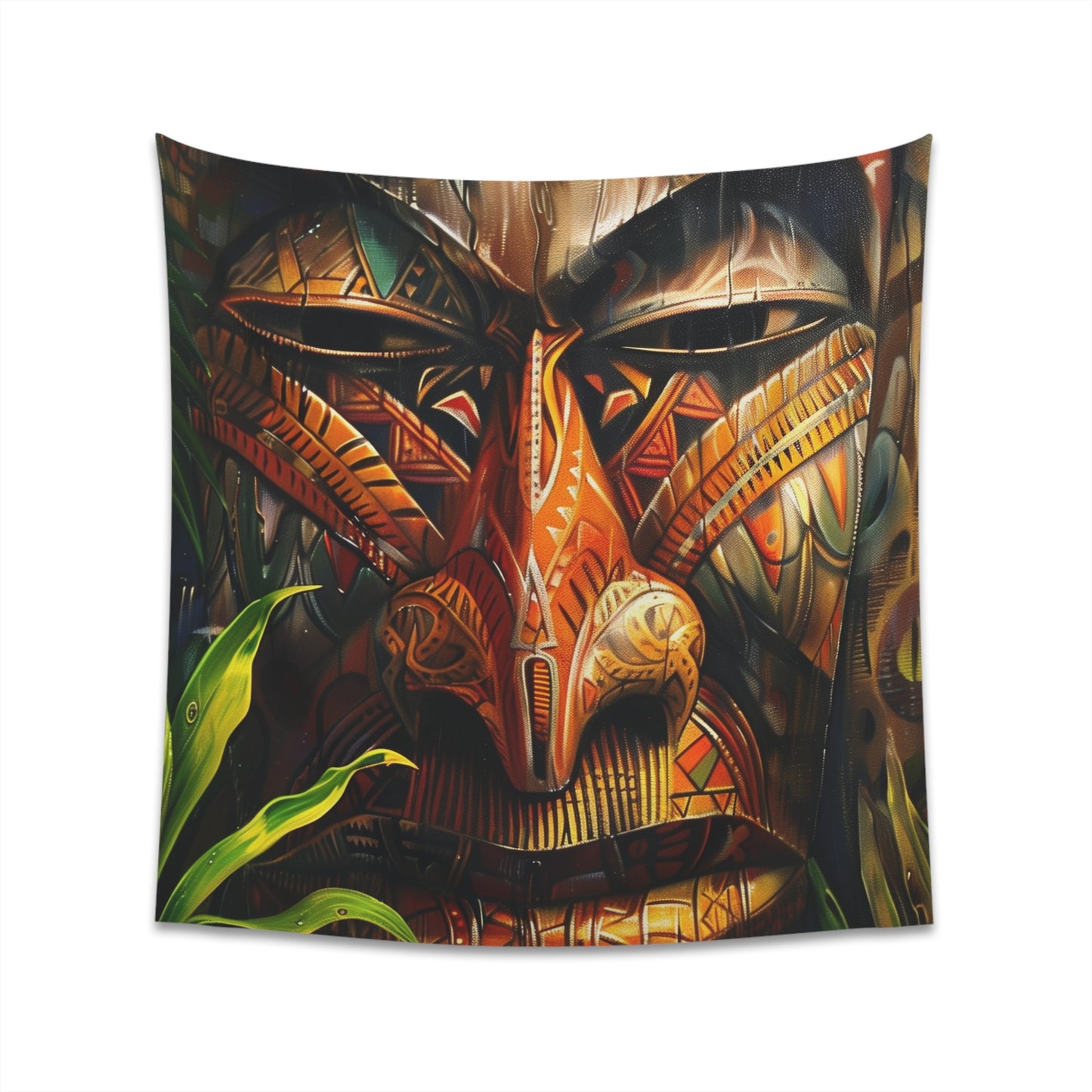 Spirit of Fiji Tapestry: Traditional mask design in vibrant colors | High-quality material, perfect for all seasons | Available in 34"×40" or 57"×57" sizes