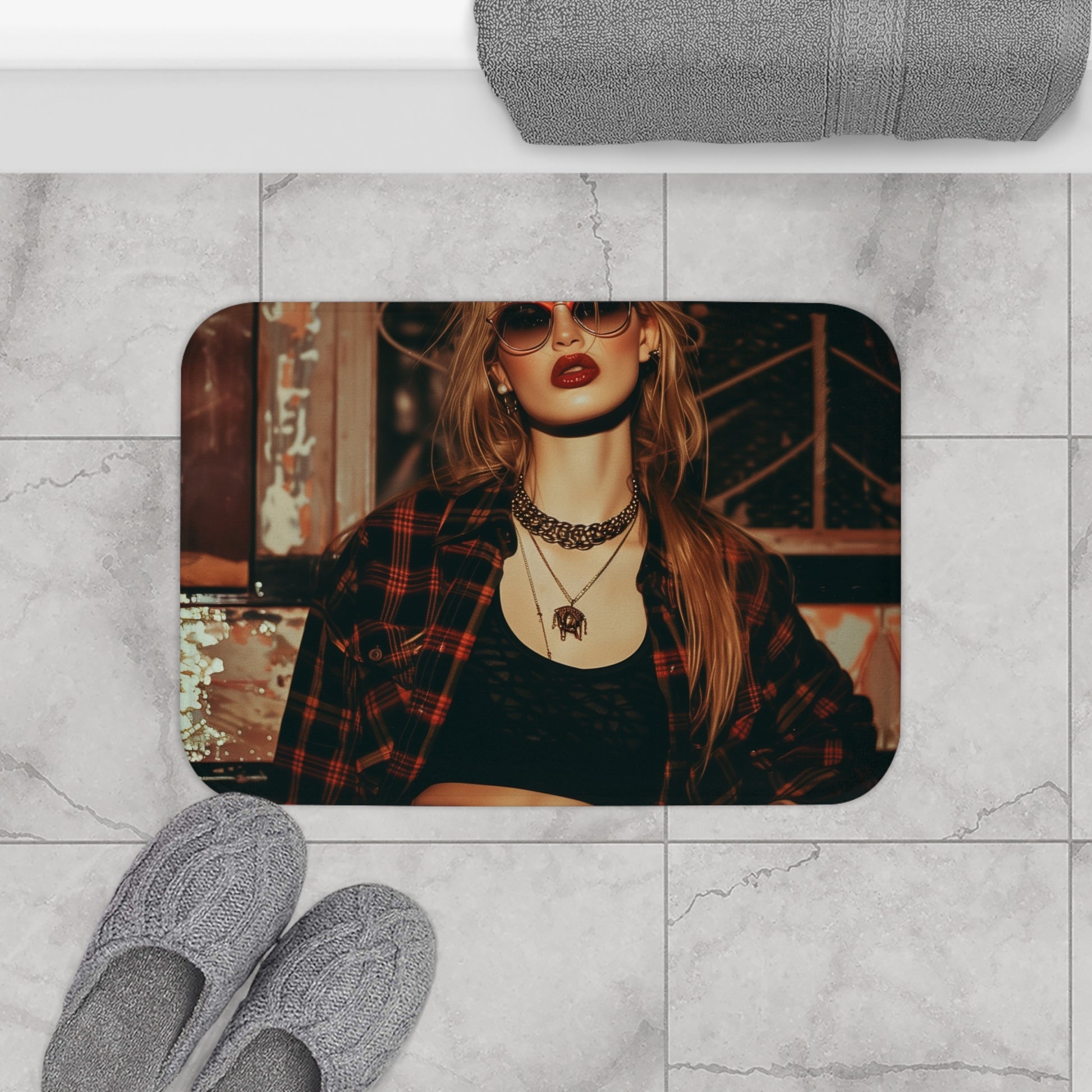 Alt text: Grunge-inspired 90s Angst bath mat with distressed textures and iconic imagery, perfect for adding a touch of nostalgia and alternative cool to your bathroom decor. Measures 24 inches in width and 17 inches in height. High-quality material, comfortable, stylish, and suitable for all seasons. Makes a great gift. Shop the full collection at PrintswithPassion.com.