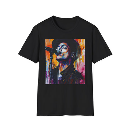 Funk and Finesse: The Enchanting Allure of Bruno Mars | T-Shirt | "Bruno Mars apparel", "Bruno Mars art", "Bruno Mars fan merch", "Bruno Mars painting", "Bruno Mars portrait", "Bruno Mars tribute", "Music inspired tshirt", "Pop art tshirt", "Singer tshirt" | Prints with Passion