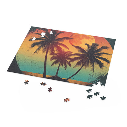 "30-piece Tropical Twilight jigsaw puzzle with retro sunset and palm trees scene for nostalgic relaxation at home"