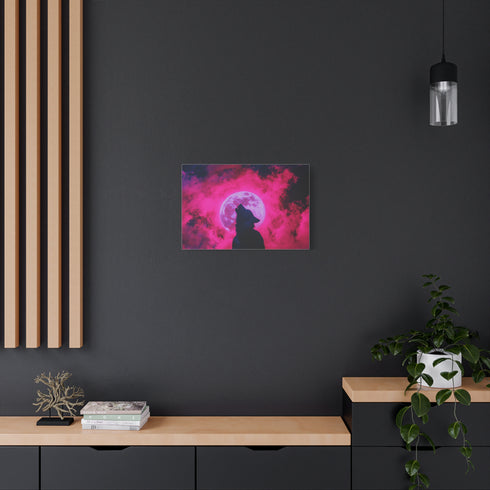 Silhouette of a Wolf Howling at a Neon Moon — Canvas Wall Art — Product Detail View 5