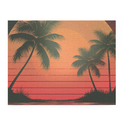 "Retro sunset palm tree jigsaw puzzle for relaxation and unwinding"