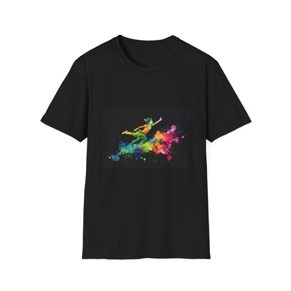 Enchanted Flight in Neon Dreams | T-Shirt | cartoon character, childrens story, colorful clothing, fun wear, graphic tee, neon colors, peter pan, playful fashion, watercolor, whimsical design | Prints with Passion