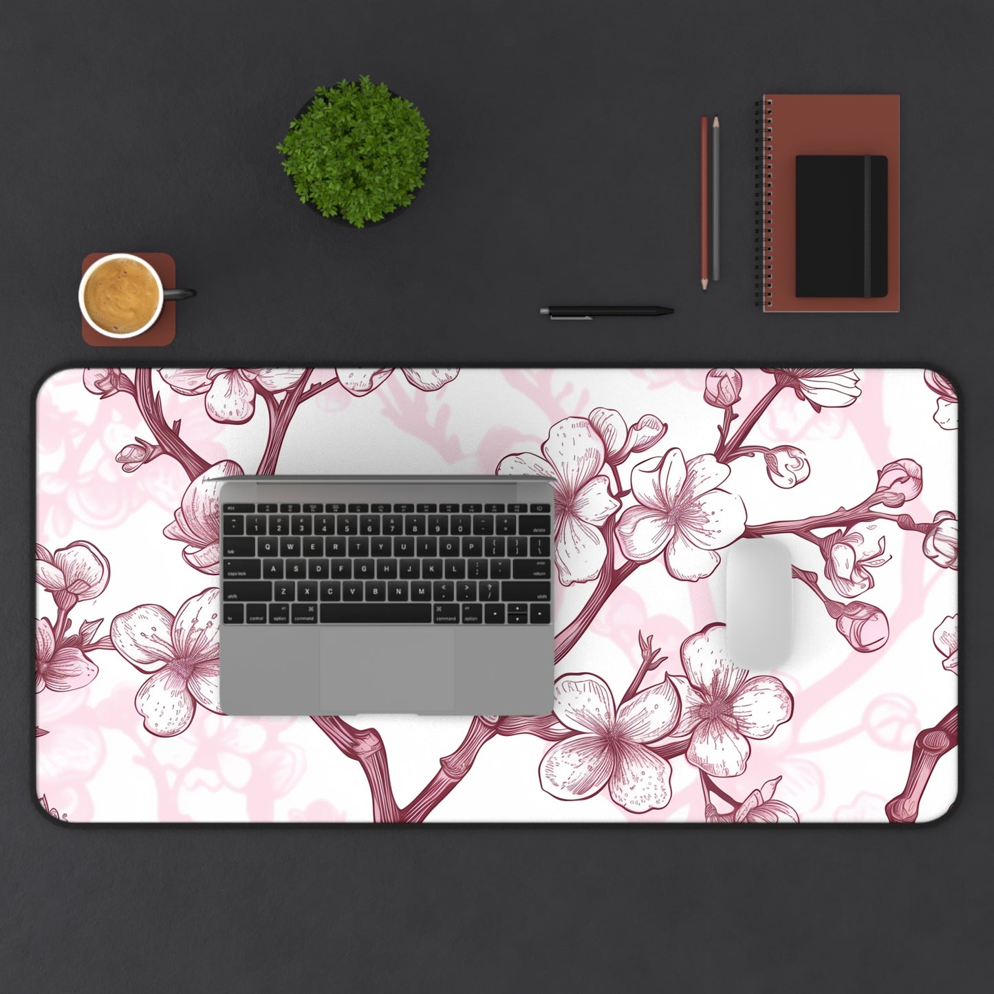 "Cherry Blossom Desk Mat - Elegant pink and white floral pattern for stylish workspace decor"