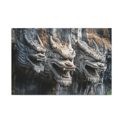 Mountain Carved with Dragon Faces — Canvas Wall Art — Living Room Wall Lifestyle View