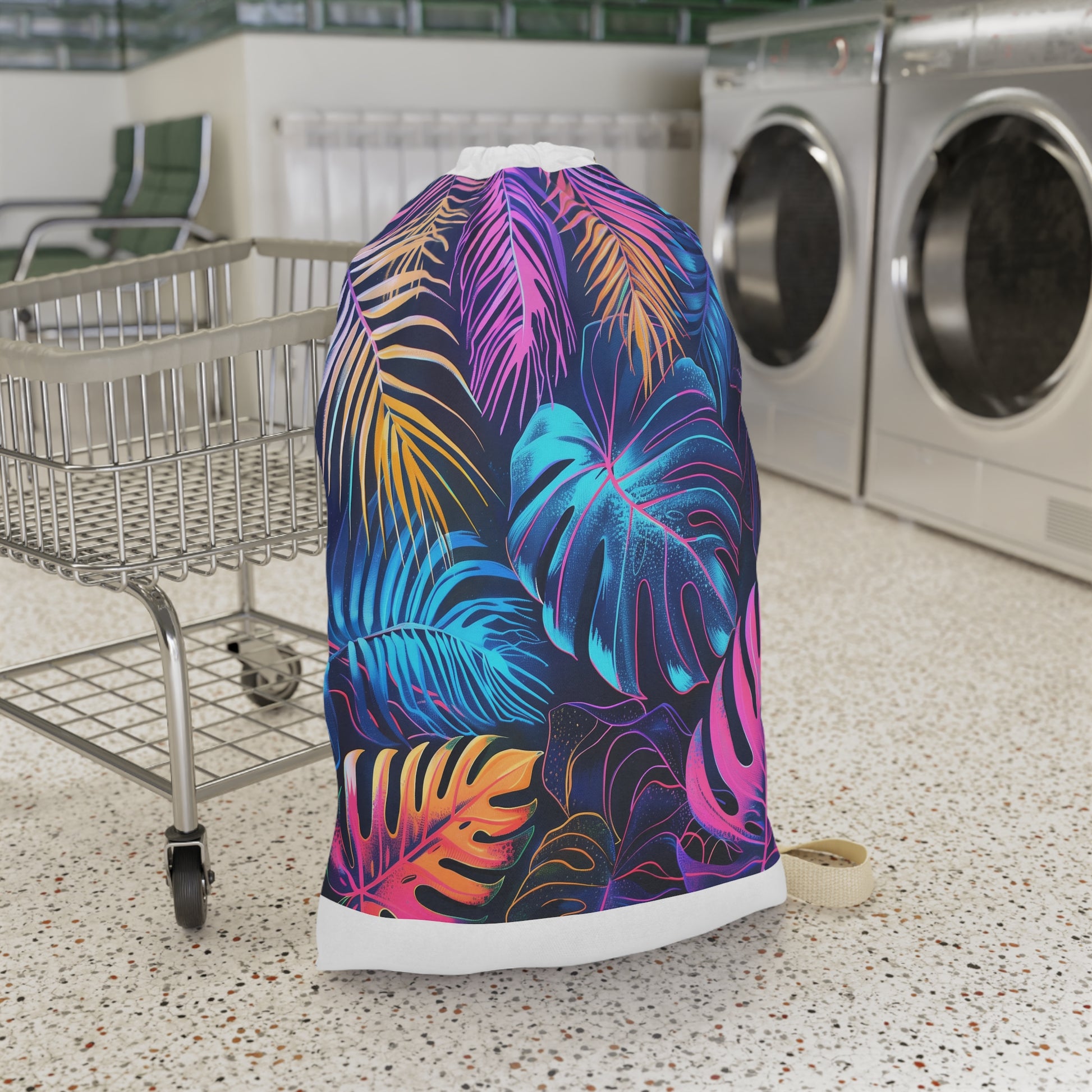 Neon Tropical Leaves Laundry Bag - Elevate laundry routine with vibrant palm trees design