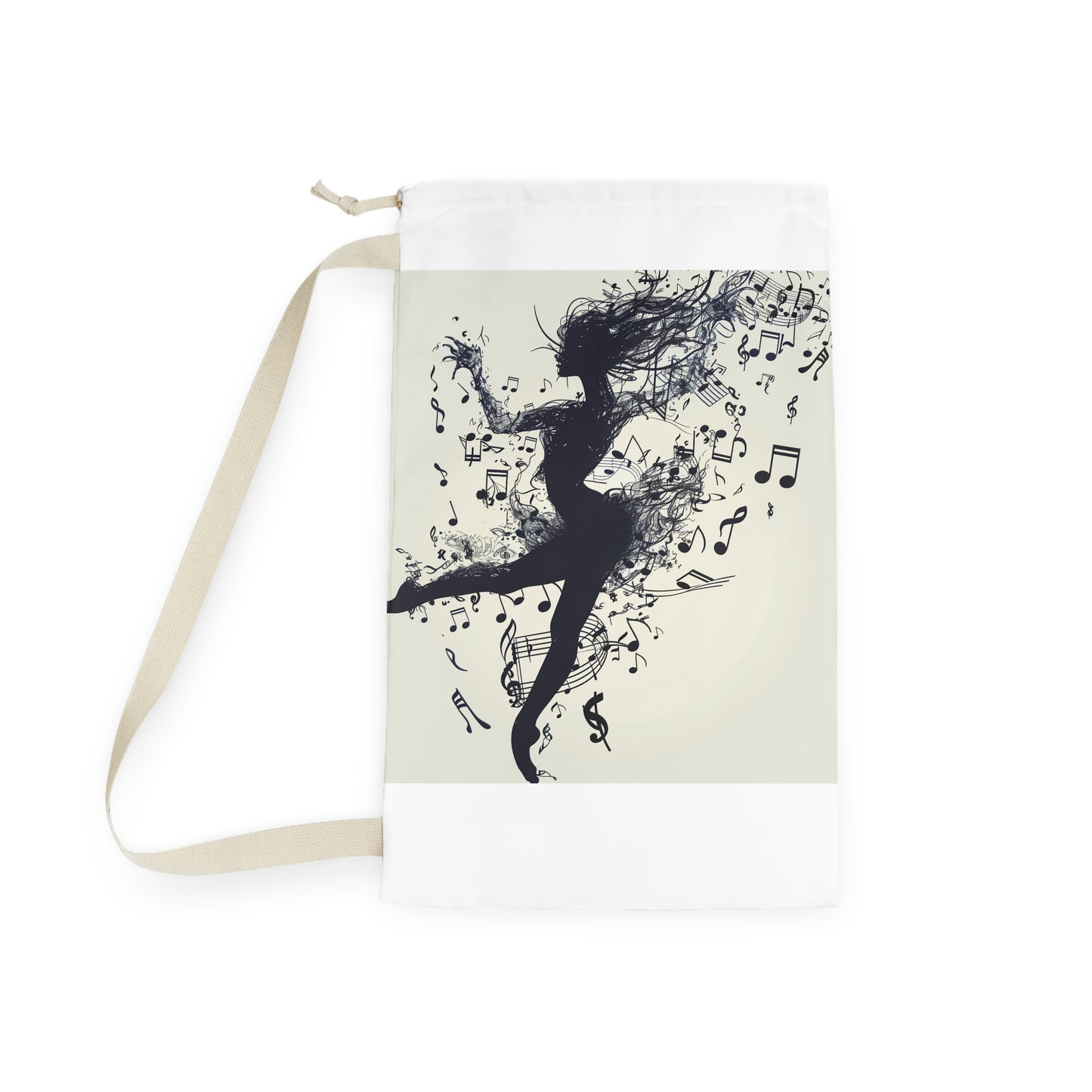 "Stylish Dancer Musical Laundry Bag - Elevate laundry routine with artistic flair, featuring dancer silhouette and musical notes design."