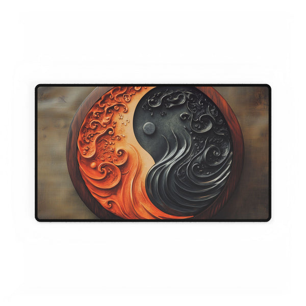 Stylized Yin Yang Made of Waves and Fire — XL & XXL Desk Mat — Gaming & Workspace Desk Setup View