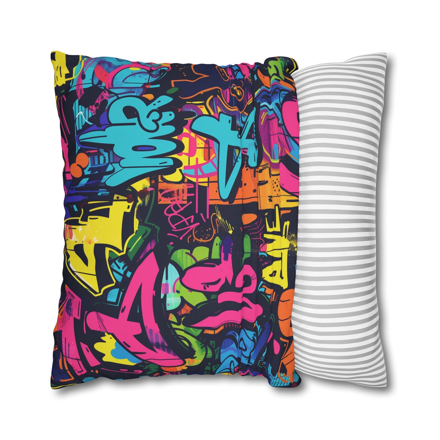 "Neon Graffiti Pillow Case - Bold and vibrant urban graffiti design in bright neon colors, perfect for adding a pop of style to your bedroom decor"