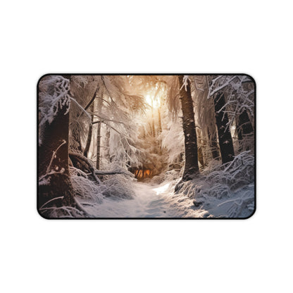 "Winter Forest Desk Mat - Create a serene winter wonderland with our peaceful forest covered in snow desk mat, perfect for a calming workspace."