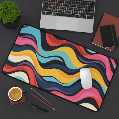 "Colorful Retro Waves Desk Mat, Vibrant Pattern for Workspace Protection"