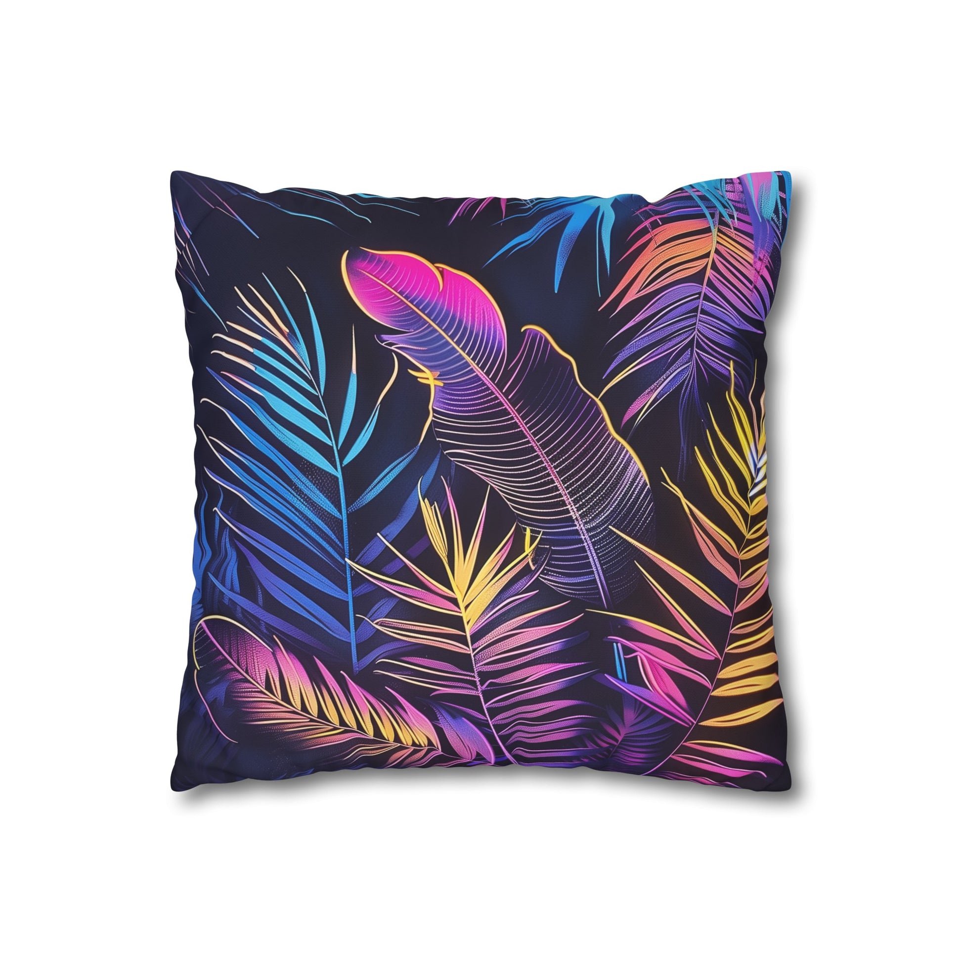 "Vibrant Neon Palms Pillowcase - Tropical palm tree design in electrifying neon hues, perfect for all seasons"