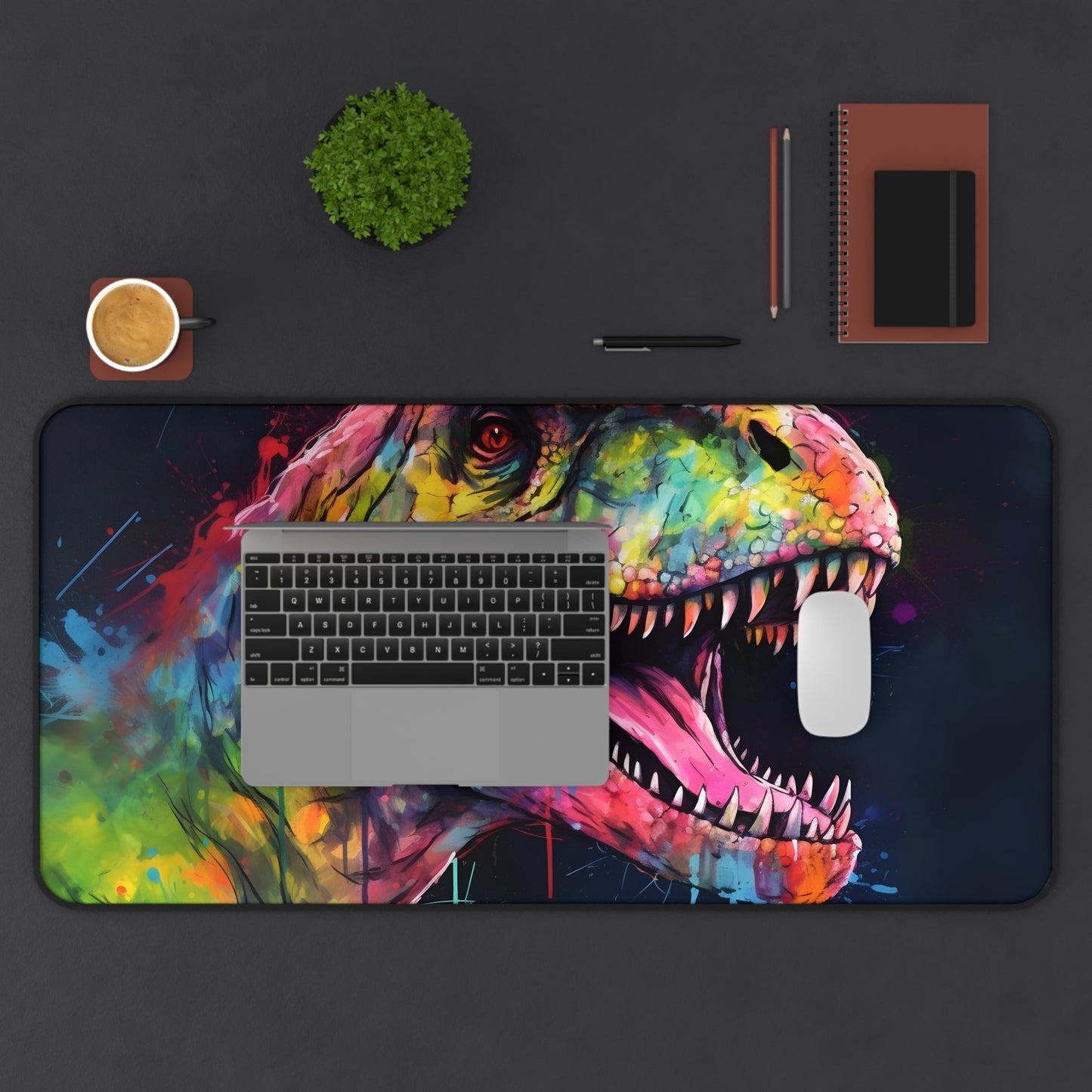 Vibrant watercolor neon colors Trex desk mat, protect workspace from scratches and spills