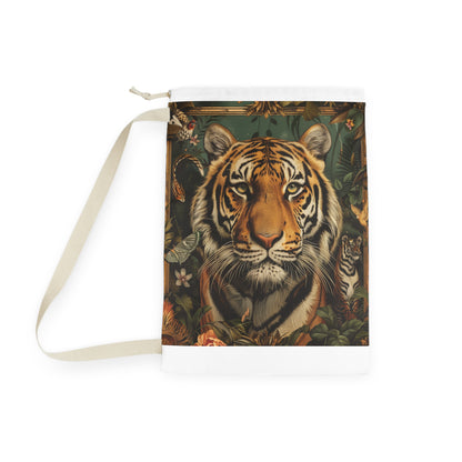 "Animal print laundry bag featuring vibrant tiger design for organized and stylish laundry routine"