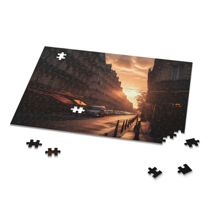 "Paris Streets Sunset jigsaw puzzle, piece together iconic architecture at dusk"