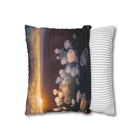 Sunset Canyon with Floating Bioluminescent Jellyfish — 40×40 Cushion Cover — Soft Brushed Fabric Texture Close-Up