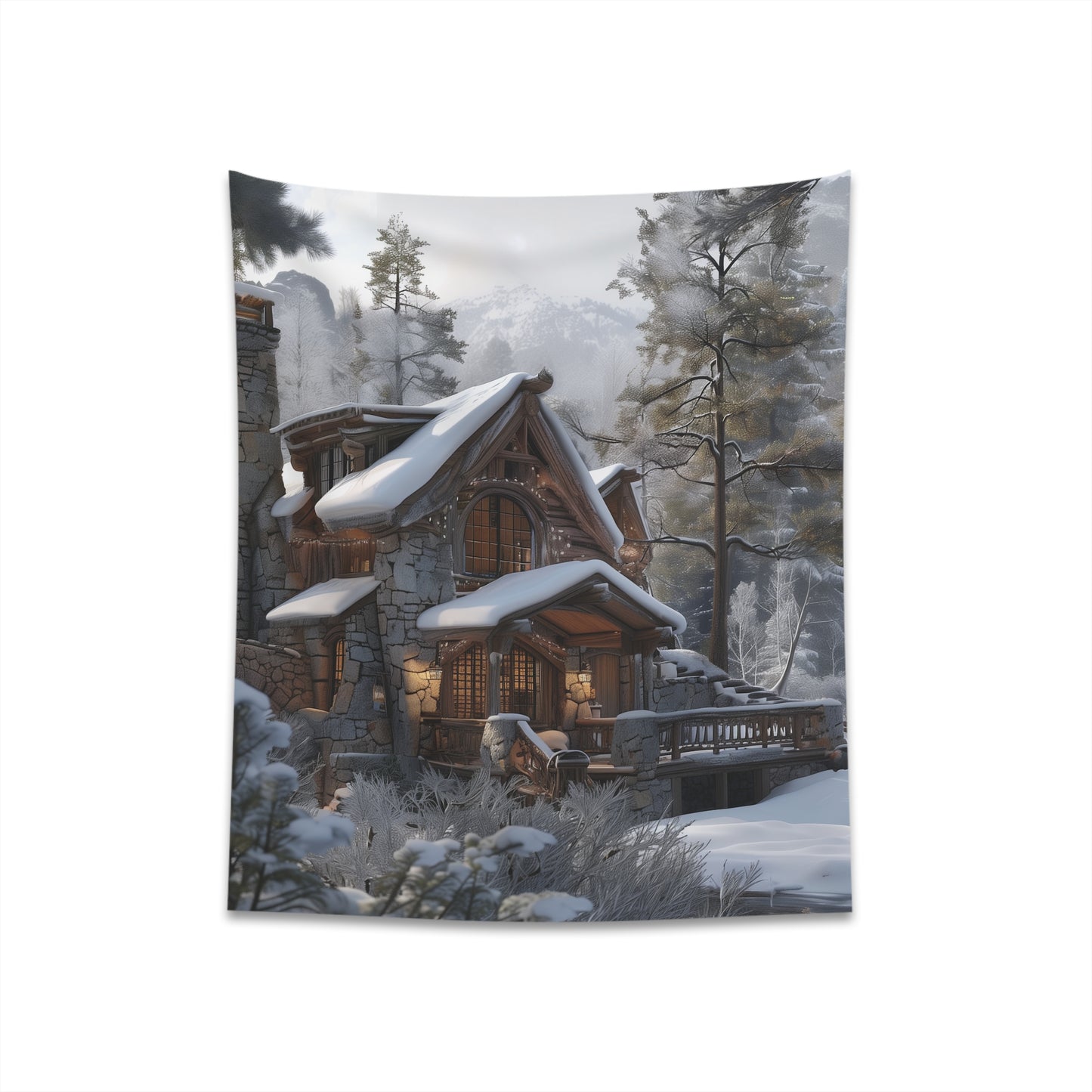 "Mountain Hideaway Rustic Tapestry - Cozy Cabin in Serene Landscape | High-Quality, Stylish Décor for All Seasons | Great Gift Option - Available in 2 Sizes"