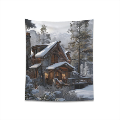 "Mountain Hideaway Rustic Tapestry - Cozy Cabin in Serene Landscape | High-Quality, Stylish Décor for All Seasons | Great Gift Option - Available in 2 Sizes"