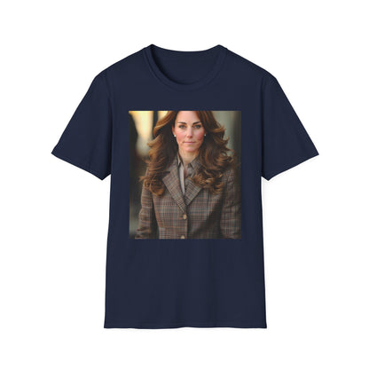 "Kate Middleton T-shirt featuring a royal-inspired tapestry design, embodying the elegance and grace of the iconic Duchess of Cambridge. Soft brushstrokes and sophisticated colors capture her timeless style and unwavering commitment to her role. Let her radiant smile and impeccable fashion sense inspire you to embrace your inner strength and compassion. Perfect for royal fans and fashionistas alike."