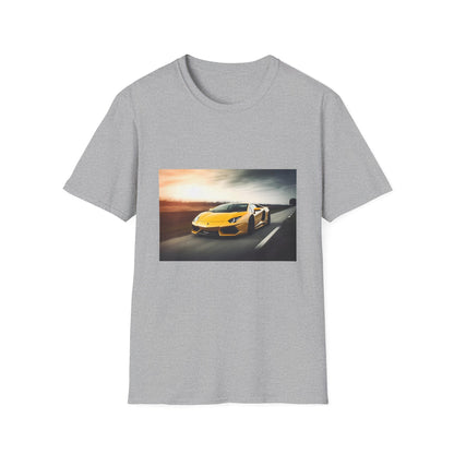 "Adrenaline Rush on Four Wheels T-shirt featuring sleek Lamborghini mid-race in vibrant colors, embodying speed and power"