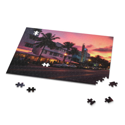 Miami skyline sunset jigsaw puzzle - vibrant city scene at dusk, perfect for a cozy evening in or a rainy day at home.