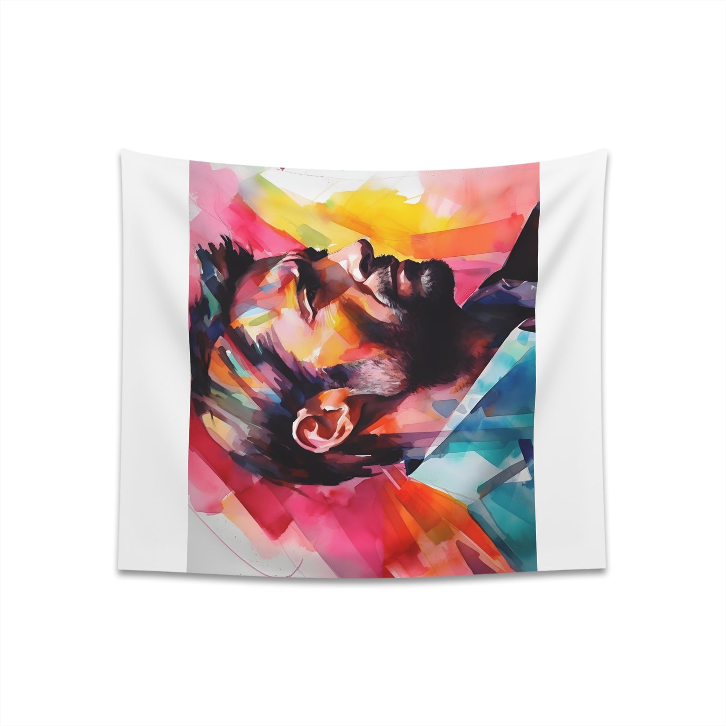 "Vibrant watercolor tapestry showcasing Hugh Jackman's magnetic charisma in neon hues, perfect for fans and gift-giving. Available in 34" x 40" and 57" x 57" sizes."