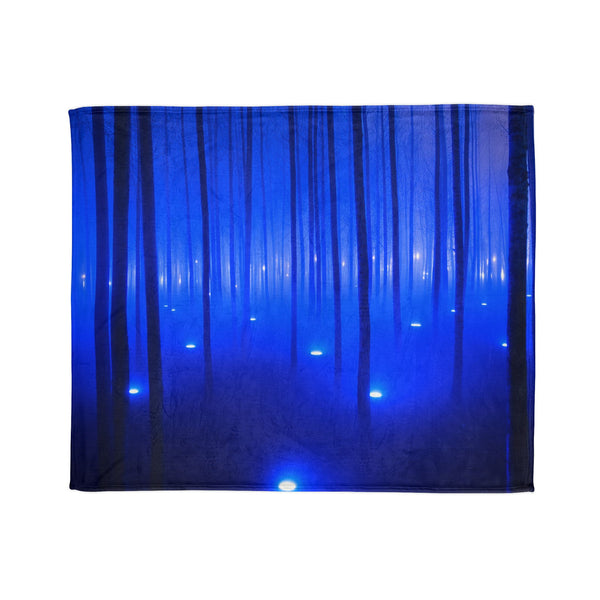 Cyber Forest with Bioluminescent Fog — Plush Fleece Throw Blanket — Draped Over Sofa & Bed Lifestyle View
