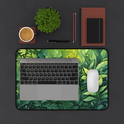 Summer Foliage Tolkien Desk Mat with intricate watercolor detailing for a whimsical workspace vibe.