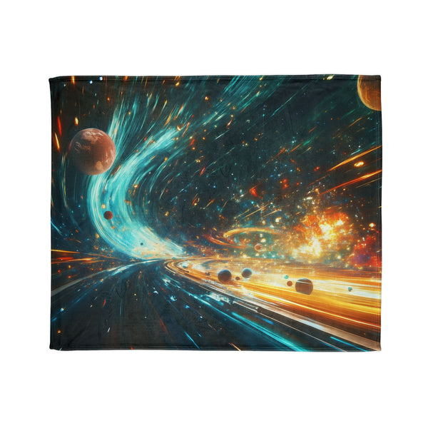 Space Highway with Comet Traffic — Plush Fleece Throw Blanket — Draped Over Sofa & Bed Lifestyle View