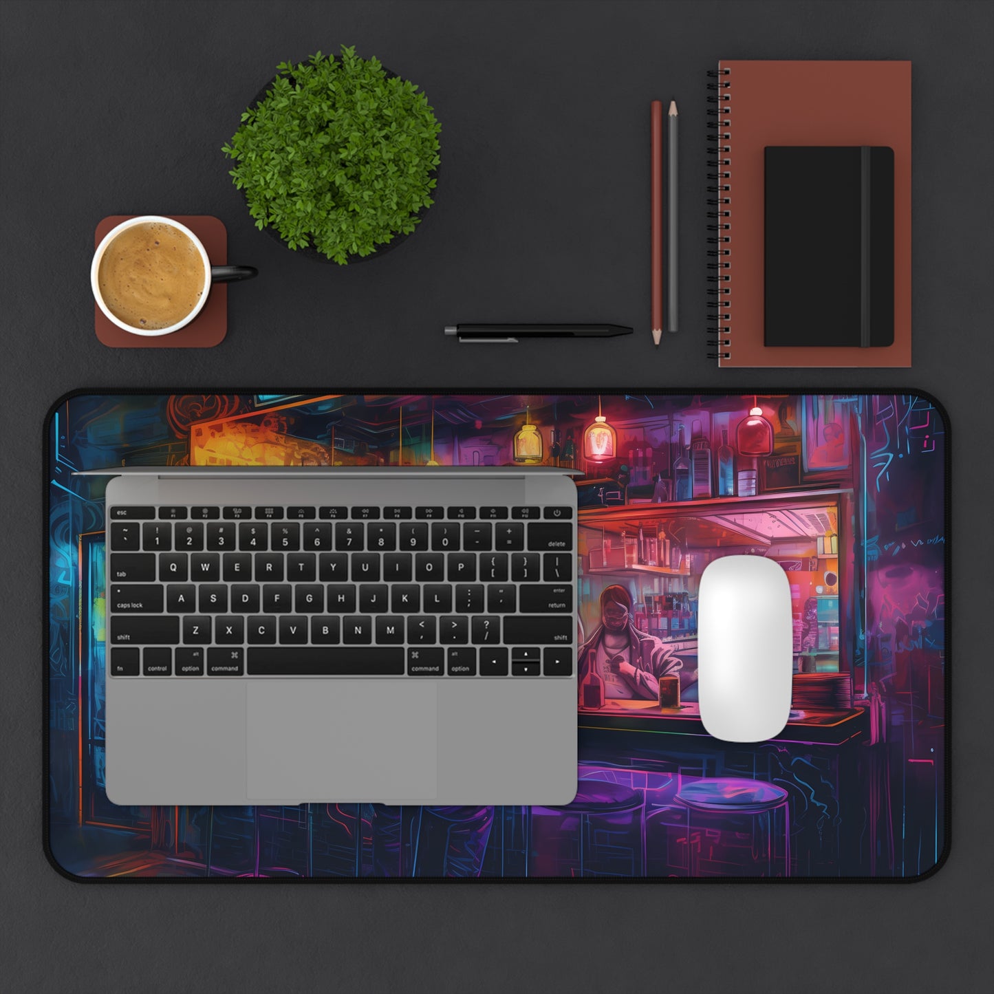 "Vibrant neon watercolor desk mat adds pop of color to workspace, protects desk from scratches and spills"