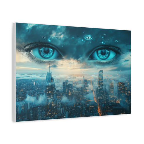 Floating Eyes Watching City from Sky Stretched Canvas Wall Art