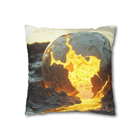Crumbling Planet Leaking Golden Lava (Edition II) — 40×40 Cushion Cover — Double-Sided Back & Concealed Zip Detail