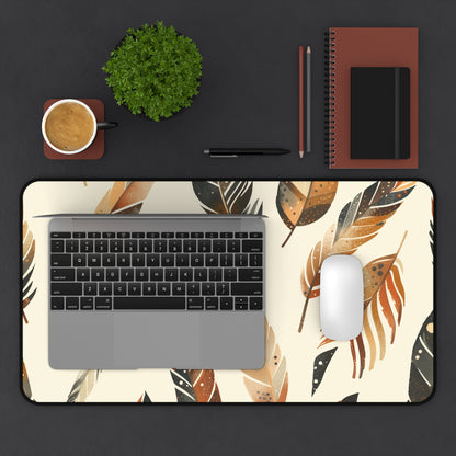 "Boho Feathers Desk Mat - Bohemian-style workspace accessory with seamless pattern"