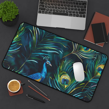 "Vibrant blue peacock feather desk mat, elegant and stylish workspace accessory"