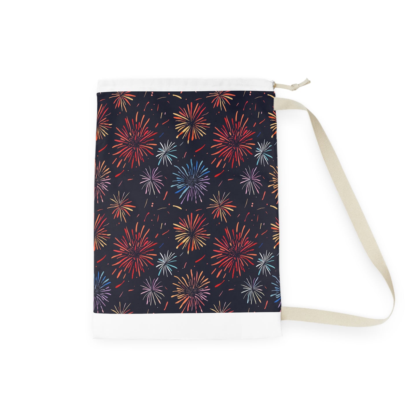 "Colorful fireworks festive laundry bag for organized and stylish laundry routine"