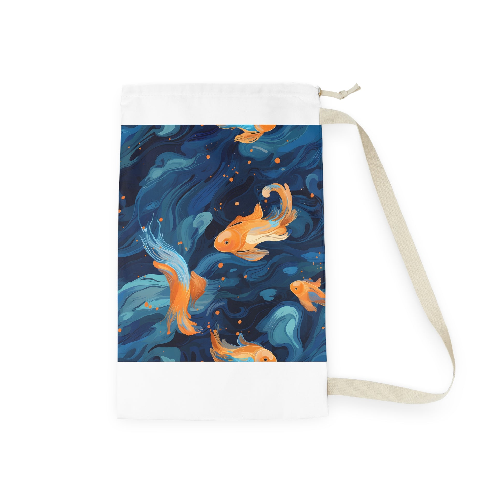 "Goldfish Swim Laundry Bag - Cute laundry bag with orange koi fish design for whimsical laundry day fun"