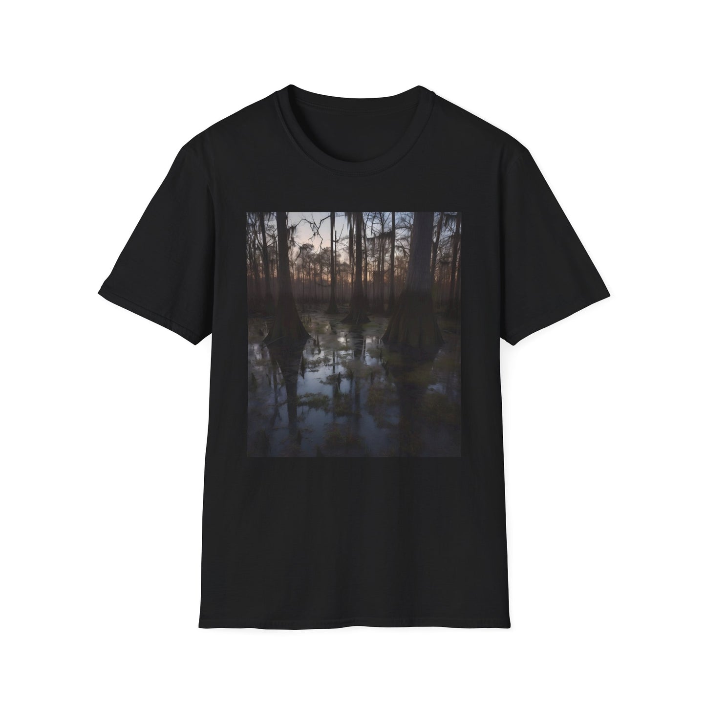 Enchanted Twilight in the Cypress Swamp | T-Shirt | Cypress trees, Dusk, Landscape, Marsh, Nature, Spanish moss, Sunset, Swamp, Tropical, Wetlands | Prints with Passion