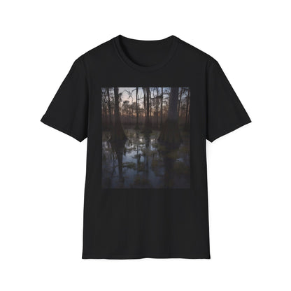 Enchanted Twilight in the Cypress Swamp | T-Shirt | Cypress trees, Dusk, Landscape, Marsh, Nature, Spanish moss, Sunset, Swamp, Tropical, Wetlands | Prints with Passion