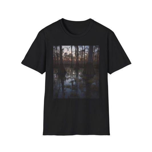 Enchanted Twilight in the Cypress Swamp | T-Shirt | Cypress trees, Dusk, Landscape, Marsh, Nature, Spanish moss, Sunset, Swamp, Tropical, Wetlands | Prints with Passion